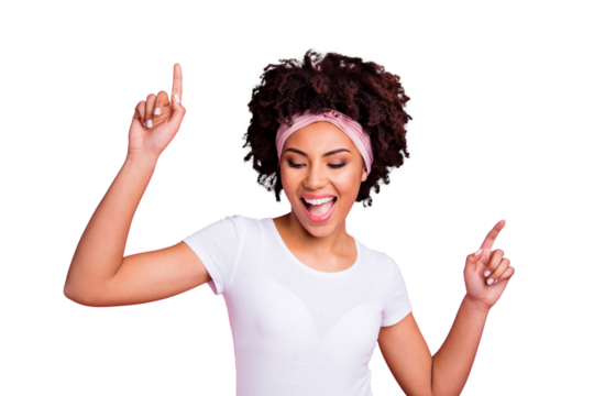 Close up photo beautiful funky amazing she her dark skin lady club person hang out having fun dancing queen hip-hop modern moves wear head scarf casual white t-shirt isolated pink bright background