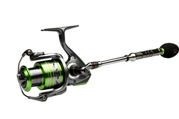 Emerald Dance: A Spinning Fishing Reel With a Green Line on a White or Clear Surface PNG Transparent Background.