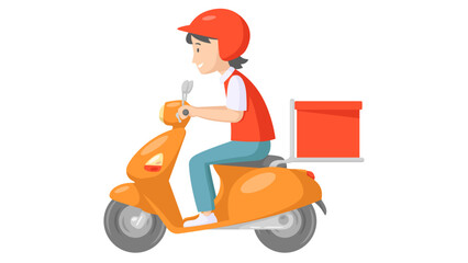 Delivery boy riding scooter with delivery box in red uniform. food and parcel delivery service concept. vector illustration