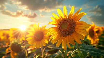Obraz premium A beautiful field of sunflowers in full bloom at sunset, showcasing the vibrant yellow petals and serene countryside landscape.