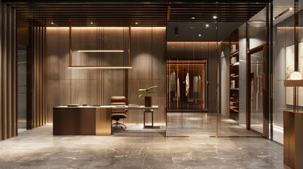 A modern 3D rendering of an interior design studio with a focus on luxury materials such as brass fixtures and custom millwork, presented in a sleek studio shot with clear copy space
