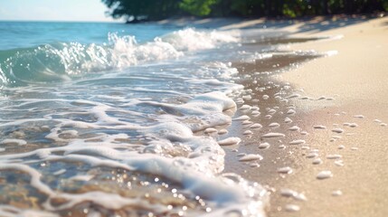 Obraz premium Gentle ocean waves wash up on a sandy beach, creating a peaceful and calming seaside scene.