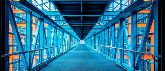 Fototapeta premium A long, blue and orange bridge with a glass ceiling
