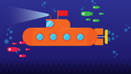 Submarine undersea view with fishes. flat style vector illustration