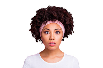 Close up photo beautiful amazing she her dark skin staring worried unbelievable unexpected epic fail oh no facial expression wear head scarf casual white t-shirt isolated pink bright background