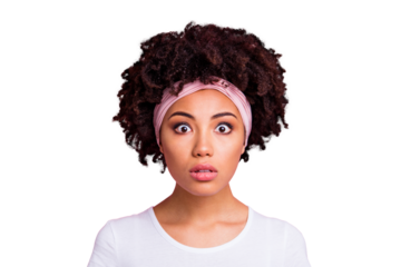 Close up photo beautiful amazing she her dark skin staring worried unbelievable unexpected epic fail oh no facial expression wear head scarf casual white t-shirt isolated pink bright background
