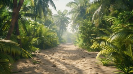 A sandy path leading through a dense cluster of palm trees.