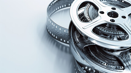 Naklejka premium Cinema background with movie clapperboard and film reel. Cinema concept of vintage film reels, clapperboard and other tools on old wooden background. Close-up on an open clapperboard in hand. 