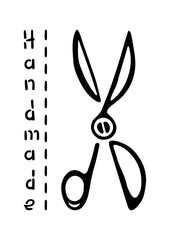 Tailor scissors, handmade lettering and stitches. Tailor tool. Tailor tool. Black and white vector poster