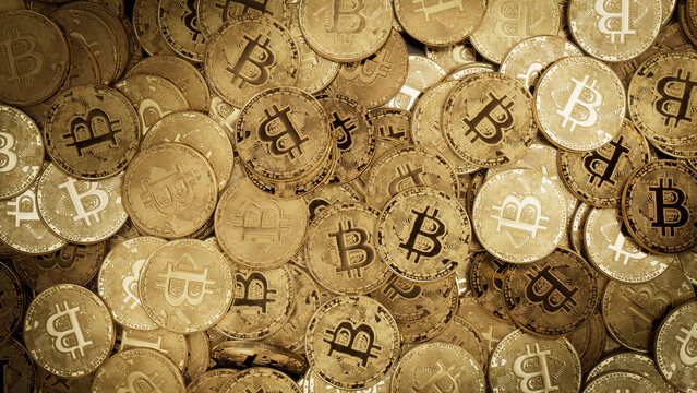 Bitcoin Cryptocurrency represented as Gold Coins. Decentralized Business Wallpaper. 3D Render.