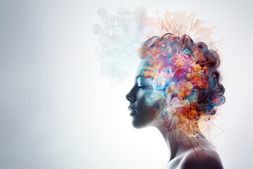 Obraz premium Double exposure photography of caucasian woman, patterns, red, purple, blue palette, natural scenery on white