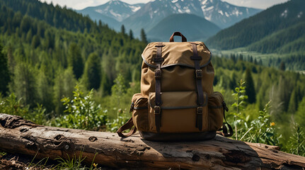 Rugged tan canvas hiking backpack sits on a fallen log in a lush forest valley