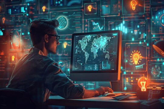 A man is sitting in front of a computer monitor with a globe on the screen
