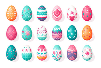 Set of colorful flat design doodle Happy Easter Eggs vector illustrations of bunnies, rabbits icons, decorated with flowers