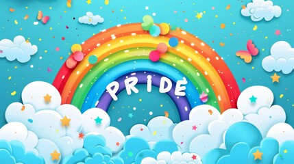 3D rainbow Pride illustration with vibrant colors and puffy clouds, symbolizing LGBTQ+ celebration and inclusivity in a playful, artistic design.
