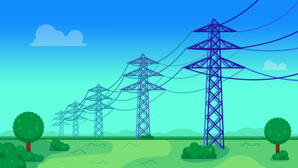 Transmission power lines with beautiful landscape. electric towers in a field, energy distribution concept. vector illustration
