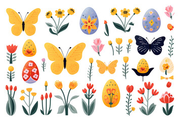 Set of colorful flat design doodle Happy Easter Eggs vector illustrations of bunnies, rabbits icons, decorated with flowers