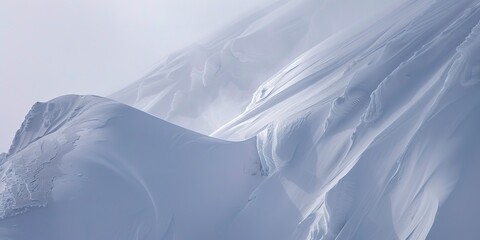 Mountain ridge in deep winter, close-up on wind-sculpted snow formations, stark, cold morning light. 