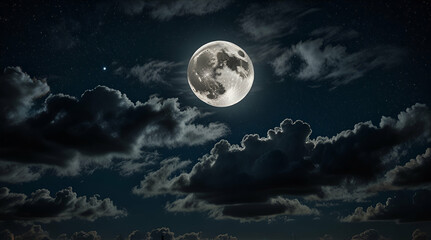 Fototapeta premium night sky with clouds surrounding a bright full moon with stars