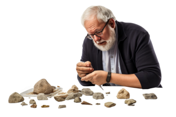 The Wisdom of the Ages: An Elderly Man Contemplates Rocks and a Knife on a White or Clear Surface PNG Transparent Background.
