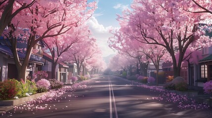 Naklejka premium A street lined with cherry blossom trees in full bloom.