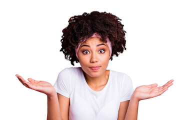 Close up photo beautiful amazing she her dark skin lady raised arms hands palms show it is not my fault facial expression wear head scarf casual white t-shirt isolated pink bright vivid background