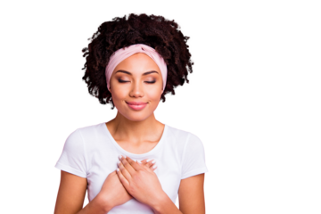 Close up photo amazing beautiful she her dark skin lady positive mood grateful thankful emotions cardiac protection idea concept wear head scarf casual white t-shirt isolated pink bright background
