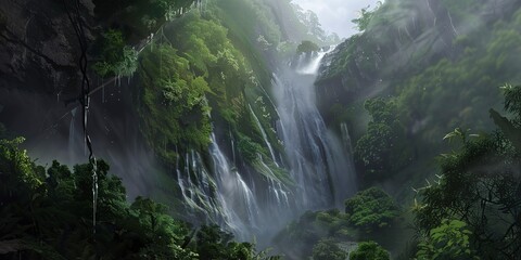 Close view of a misty mountain waterfall, detailed droplets in air, lush greenery, soft morning light. 
