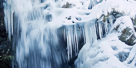 Frozen mountain waterfall, close-up on icicles and snow-covered rocks, stark, crisp winter light. 