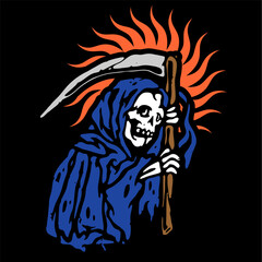 vector illustration tracing artwork of a grim reaper death calling invite to death with. Can be used as Logo, Brands, Mascots, tshirt, sticker,patch and Tattoo design.