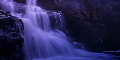 Mountain waterfall at dusk, close-up on silky water flow, deep blue and purple sky, serene atmosphere. 