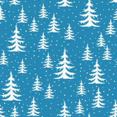 Blue winter forest Scandinavian seamless pattern. Vector blue New Year print, Christmas tree background, frozen spruce white texture with fir tree for paper, fabric, season decor, gift wrap.