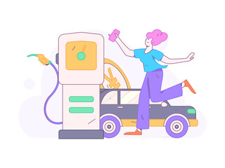 Vector Internet operation hand-drawn illustration of people getting discounts for refueling their cars
