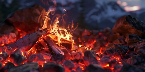 Close-up of a campfire in the mountains, detailed flames and glowing embers, twilight surrounding. 
