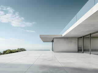 Fototapeta premium Modern beach house with wide brick terrace and sky backdrop