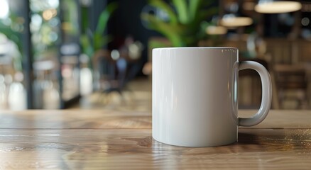 Fototapeta premium Blank mock-up cup in cafe. Coffee mug on table in restaurant. Empty space for product template.