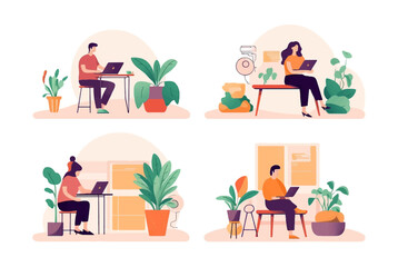 Working at home, co working space, concept illustration. Young people, man and woman freelancers working on laptops and computers at home. People at home in quarantine. Vector flat style