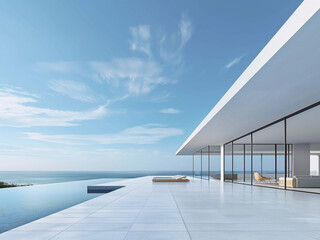 Modern sea view villa with pool with brick terrace and sky backdrop