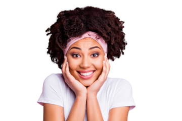 Close up photo beautiful amazing she her dark skin lady hold hands arms palms head cheeks cheekbones dreamy cute pretty peaceful wear head scarf casual white t-shirt isolated pink bright background