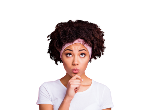 Close up photo beautiful amazing she her dark skin lady hold hand arm chin look up empty space ponder pensive contemplation wear head scarf casual white t-shirt isolated pink bright background