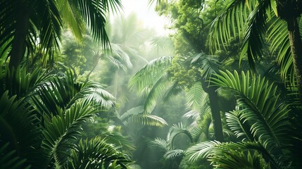 A tropical jungle with dense palm trees and exotic plants.