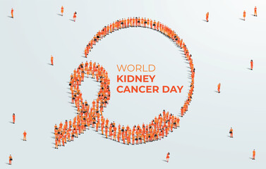 World Kidney cancer day concept poster. Large group of people form to create a orange ribbon. 20th of June. Vector illustration.