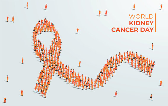 World Kidney cancer day concept poster. Large group of people form to create a orange ribbon. 20th of June. Vector illustration.