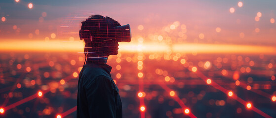 Person wearing vr Virtual reality glasses, copy space, Generative AI.