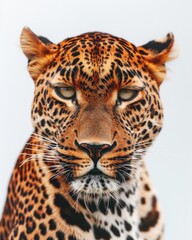 Fototapeta premium Mystic portrait of African Leopard, copy space on right side, Anger, Menacing, Headshot, Close-up View Isolated on white background