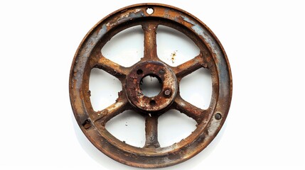 rusty old metal wheel on isolated white background, Material work concept for designer