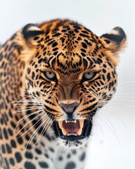 Fototapeta premium Mystic portrait of African Leopard, copy space on right side, Anger, Menacing, Headshot, Close-up View Isolated on white background