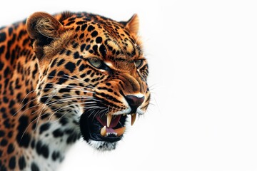 Obraz premium Mystic portrait of African Leopard in studio, copy space on right side, Anger, Menacing, Headshot, Close-up View Isolated on white background