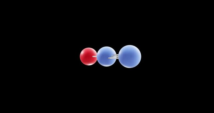 Nitrous oxide molecule, rotating 3D model of dinitrogen oxide, looped video on a black background