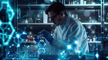 A scientist in a lab coat and goggles working with test tubes, surrounded by glowing hexagons of data and science symbols